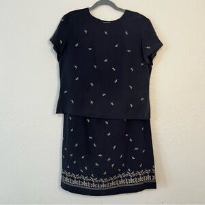 VTG Talbots Blue Floral Silk Linen Blend Lined Skirt Blouse Set Women’s Size‎ 14